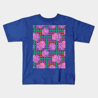 Roses on Plaid Pattern - Blue Kids T-Shirt